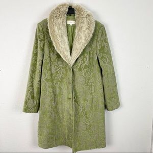 Merona Green Sliver Floral Fur Collar Trench Coat XL